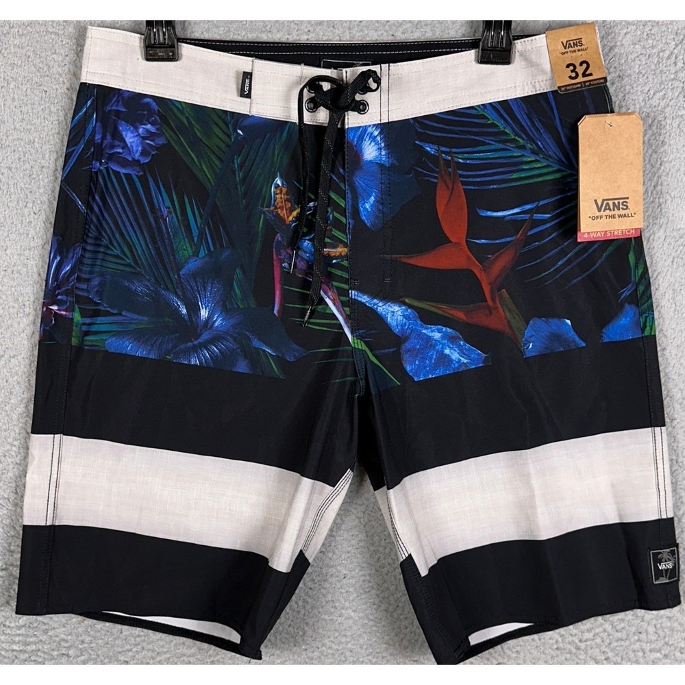 NEW Vans Swim Trunks Mens 32 Black Blue Tropical Floral‎ Striped Board Shorts